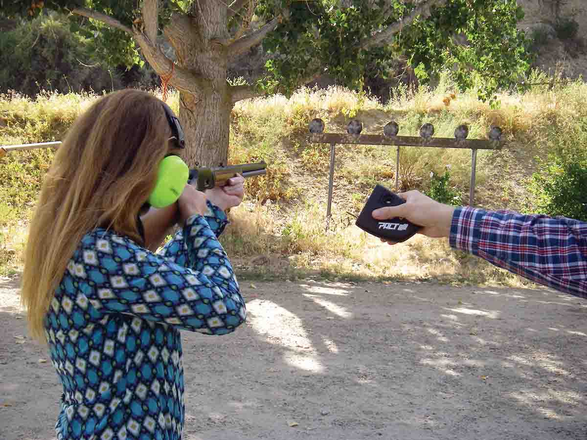 Brian’s daughter-in-law, Aurora, takes aim with a Marlin 1894CB Cowboy Carbine chambered in .45 Colt.